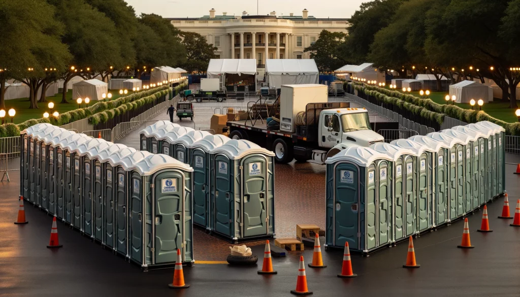Festival porta potty bank with barricades in Waterloo, Iowa
